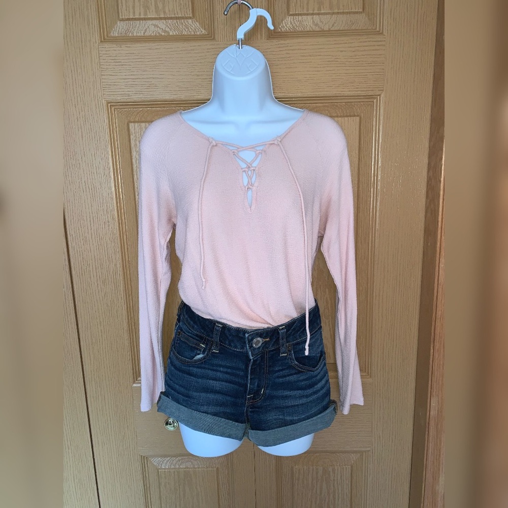 Aerie light pink long sleeve lace up V-neck